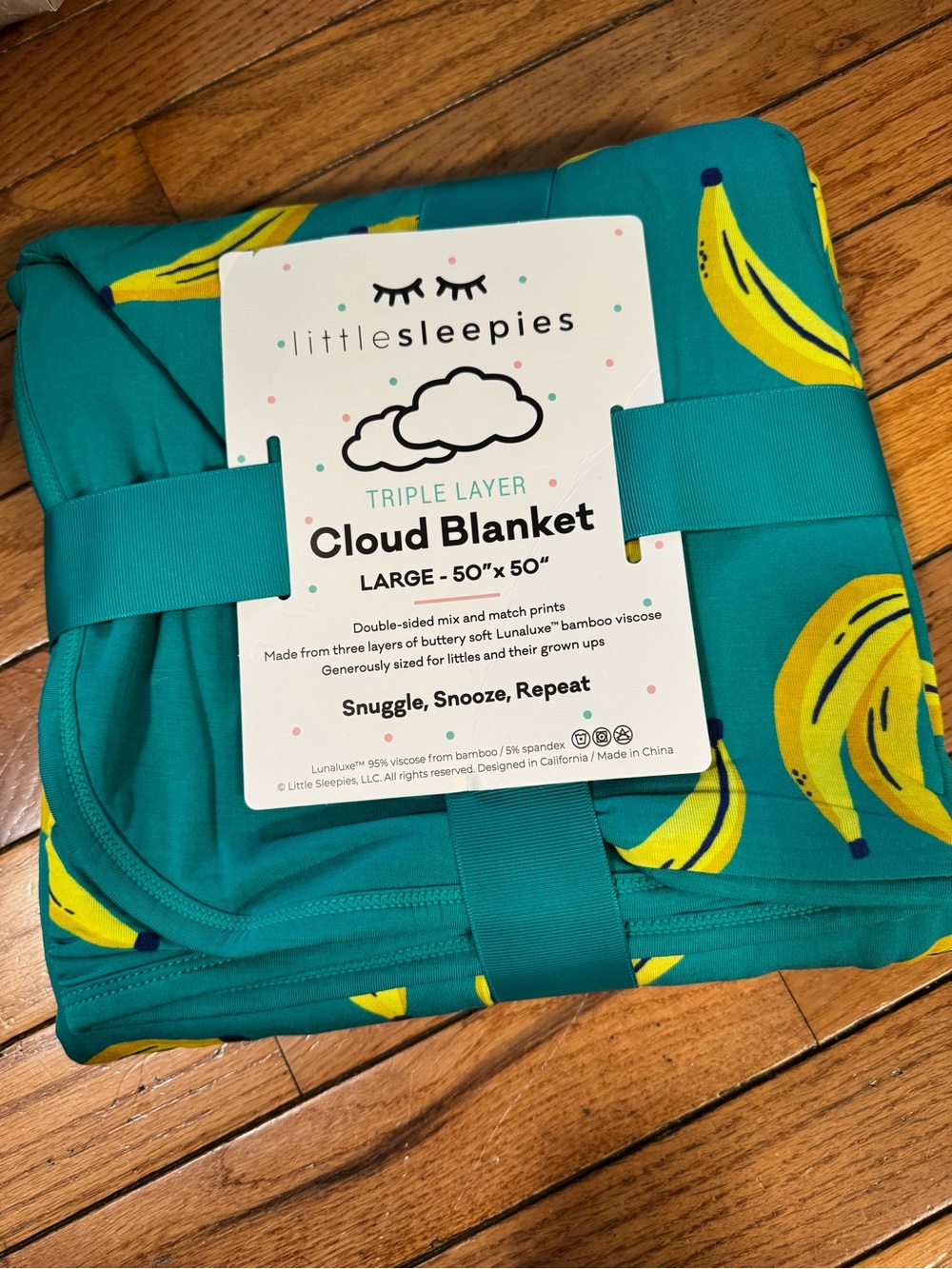 Little Sleepies Triple Layer Cloud Blanket - Teal with Yellow Banana Print